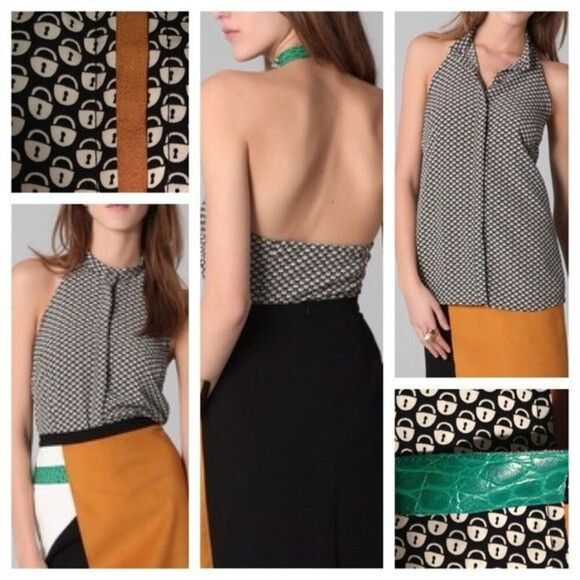 Sachin + Babi Halter Top Womens Medium Black White Lock Print Green Suede Trim - Picture 2 of 10